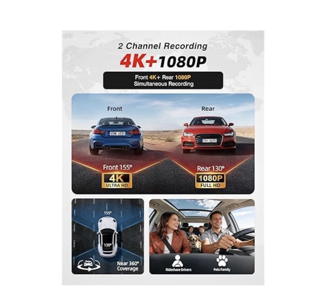 JZONES 4K Dash Cam Front and Rear w/64GB Card