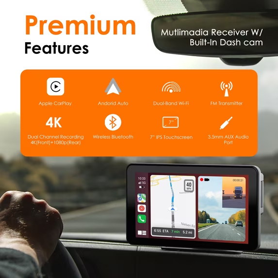 REXING CPDuo-7 4K Dual Dash Cam CarPlay Android Auto 7″ IPS Touch Screen New