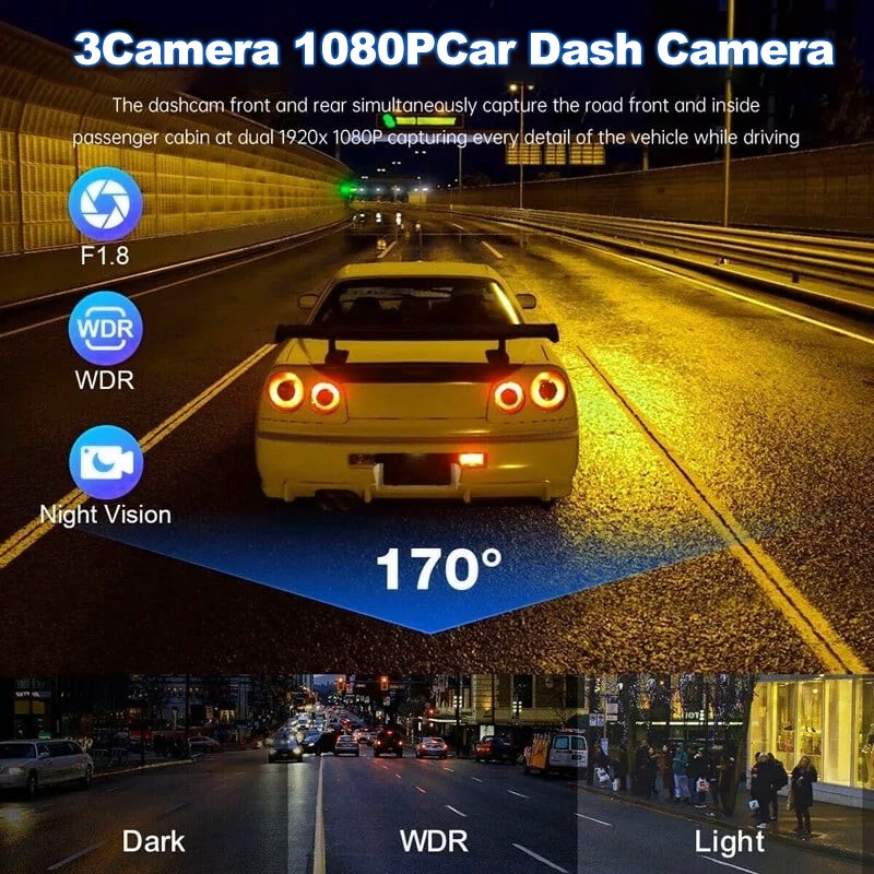 Dual Dash Cam Front/Rear/Inside + HD 1080P G-Sensor Car Video Recorder FREESHIP