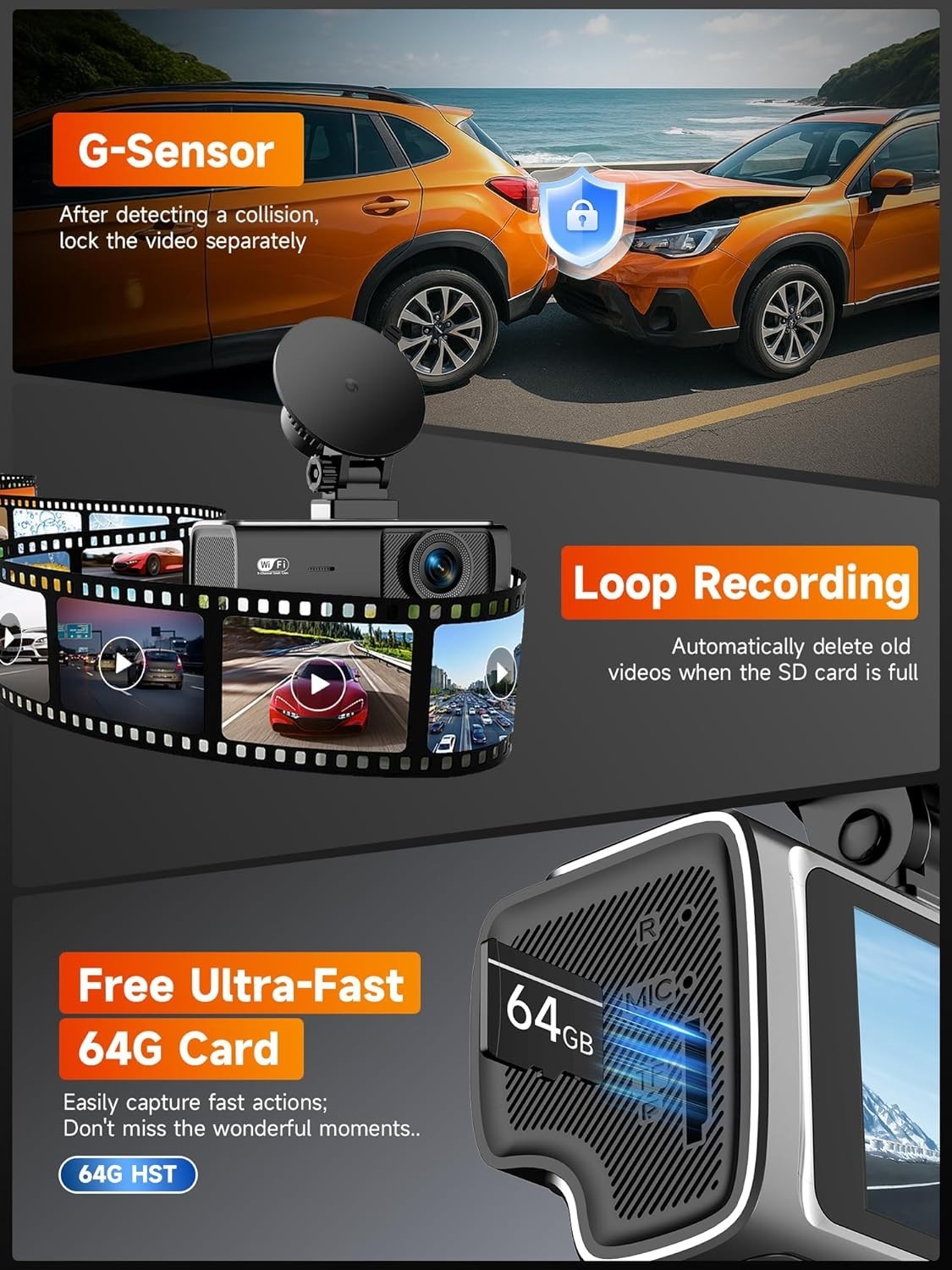3 Channel 2.5K Dash Cam with 5GHz WiFi & APP Control, 2.5K+1080P+1080P Front …