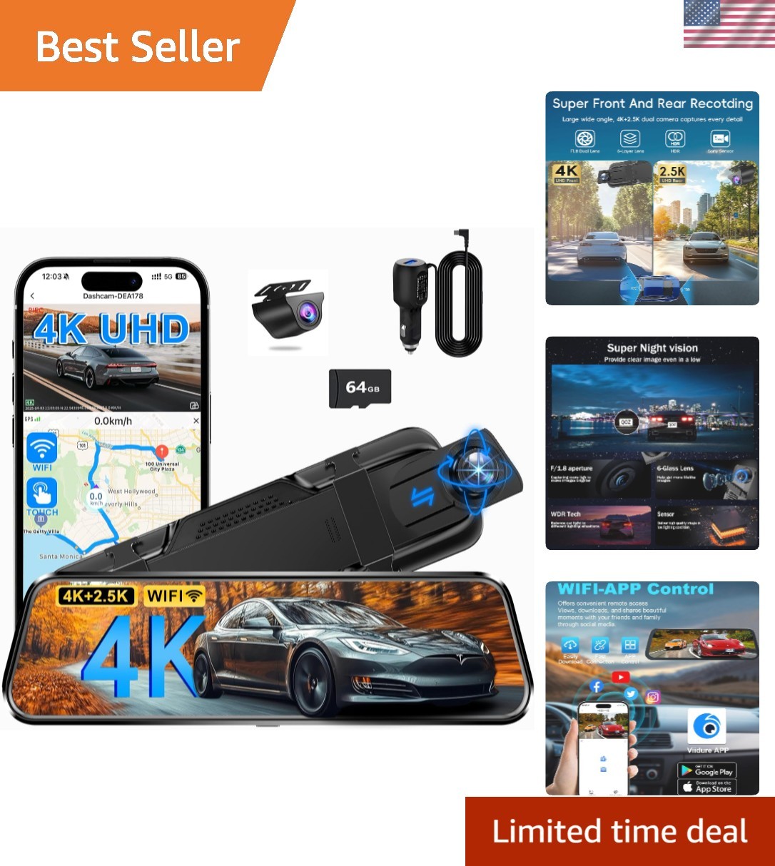 Comprehensive 4K Dual Dashcam with Wi-Fi, WDR, and 64GB Card for Ultimate Safety