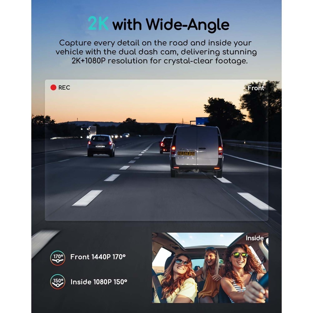 Dual Dash Cam 2.5K+1080P, Dash Cam Front and Inside, Built-in GPS and WI-FI