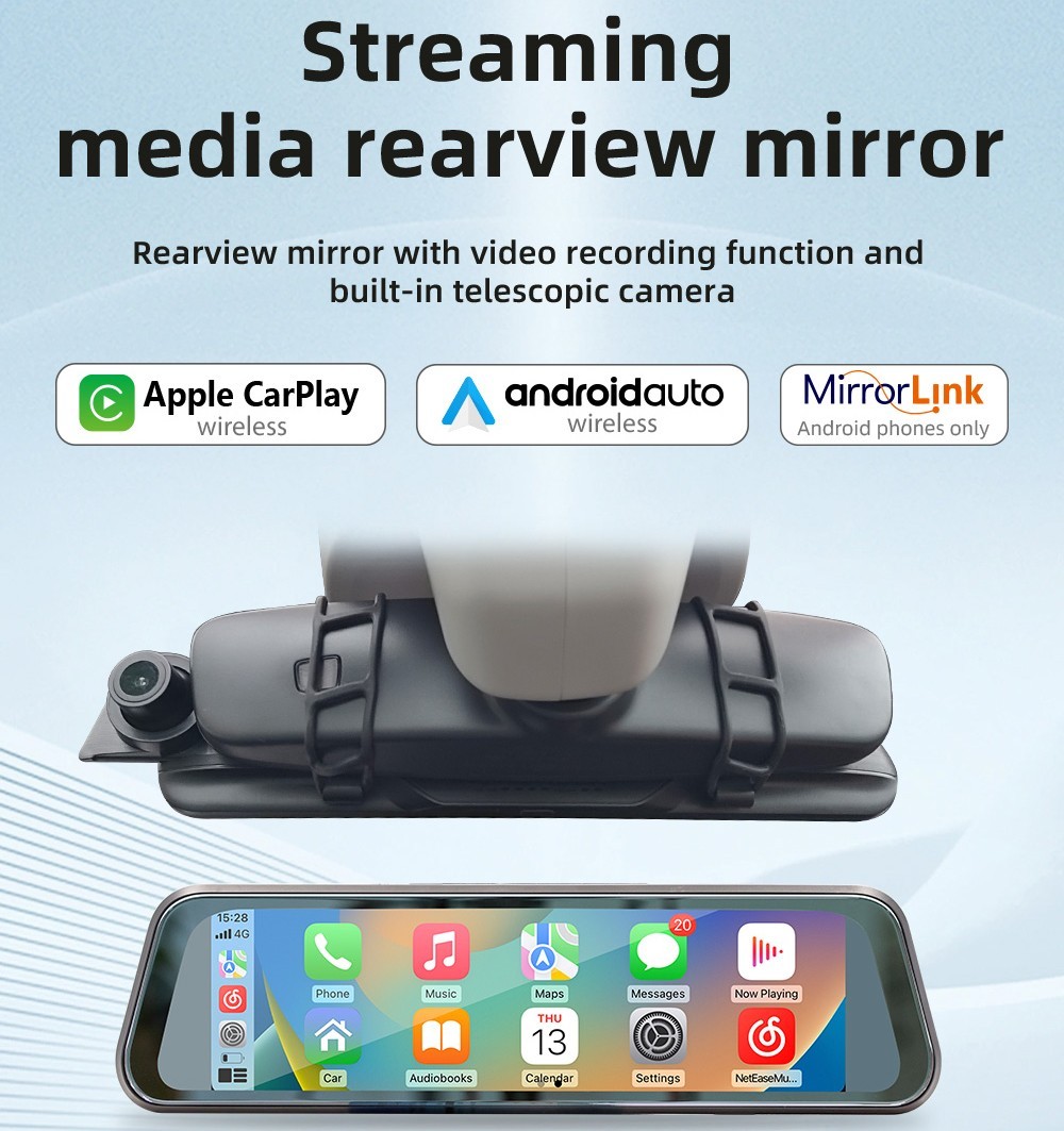 Car Rear View Mirror DVR Video Recorder Touch Screen For CarPlay Android Auto BT