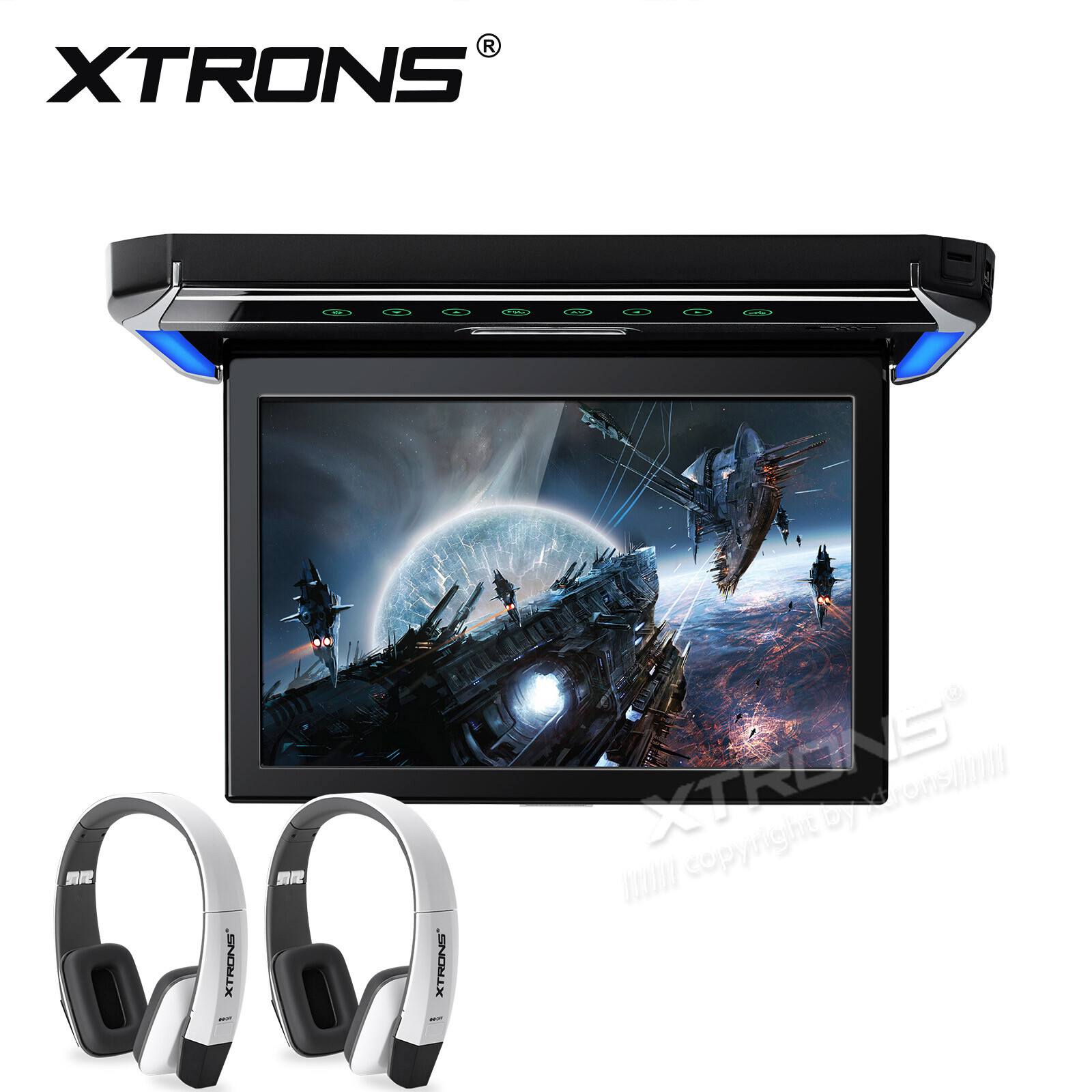 12.1″ Thin 1080P Car Roof Mounted Flip Down Monitor Game HDMI USB SD IR +Headset