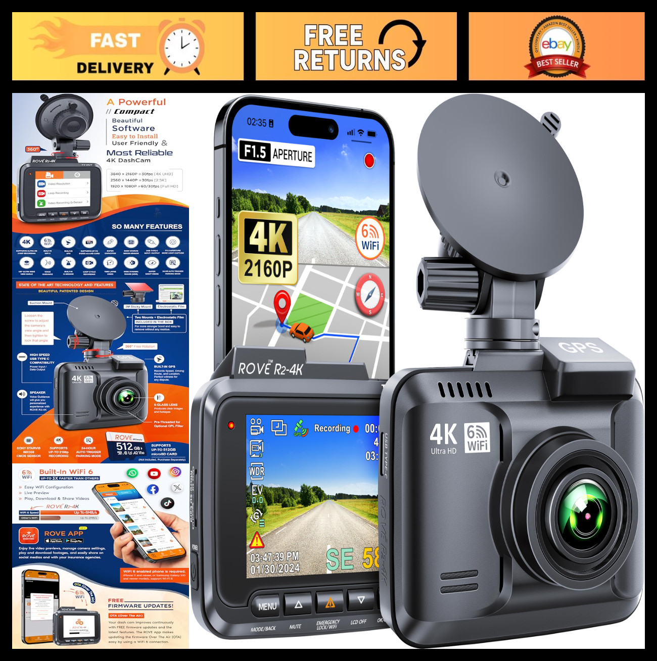 4K Dash Cam with WiFi, GPS, 150° Wide Angle, Night Vision, 2.4″ Screen, WDR