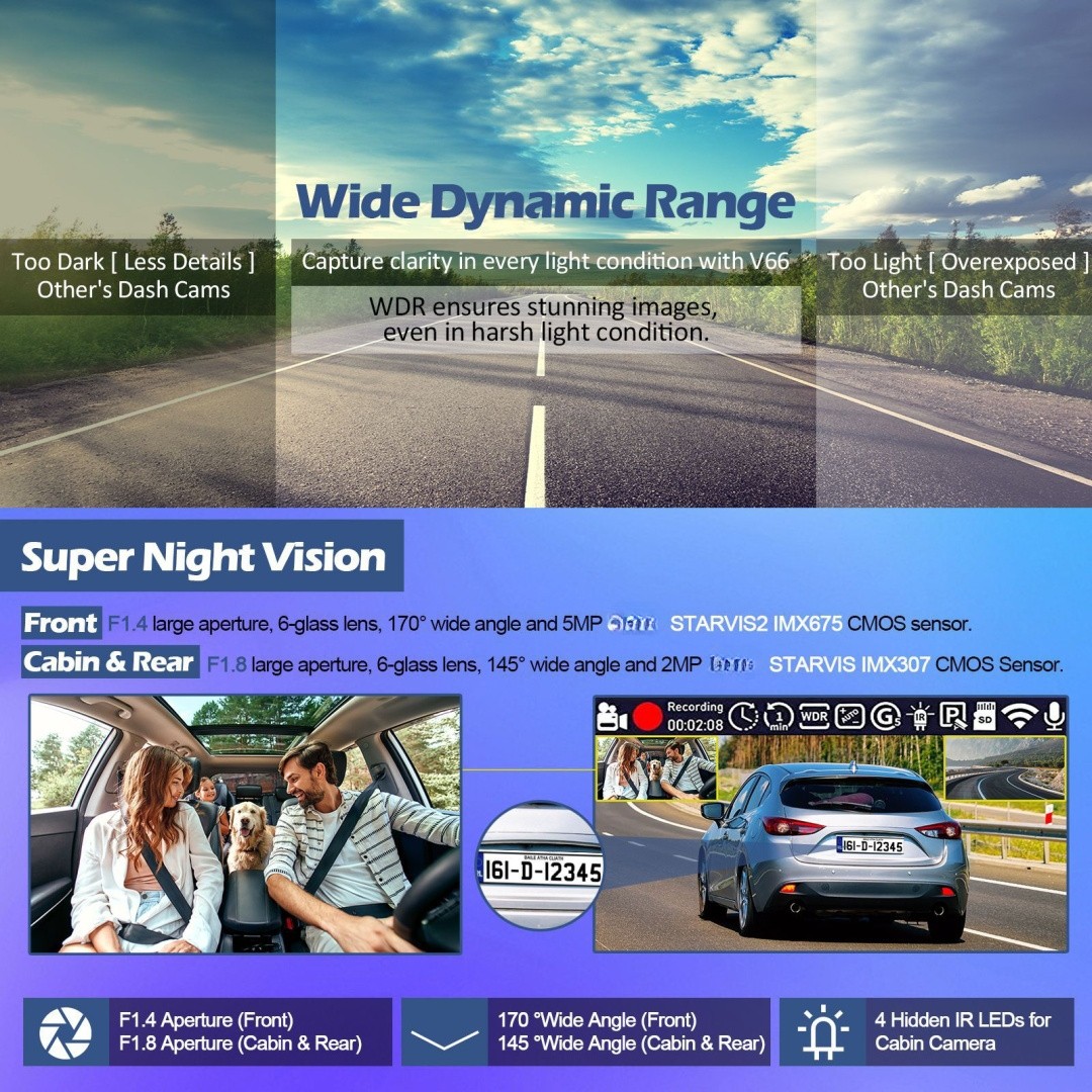 Wifi FHD Car DVR Video Camera Dash Camera for Cars 3 lens Vehicle Cam Recorder