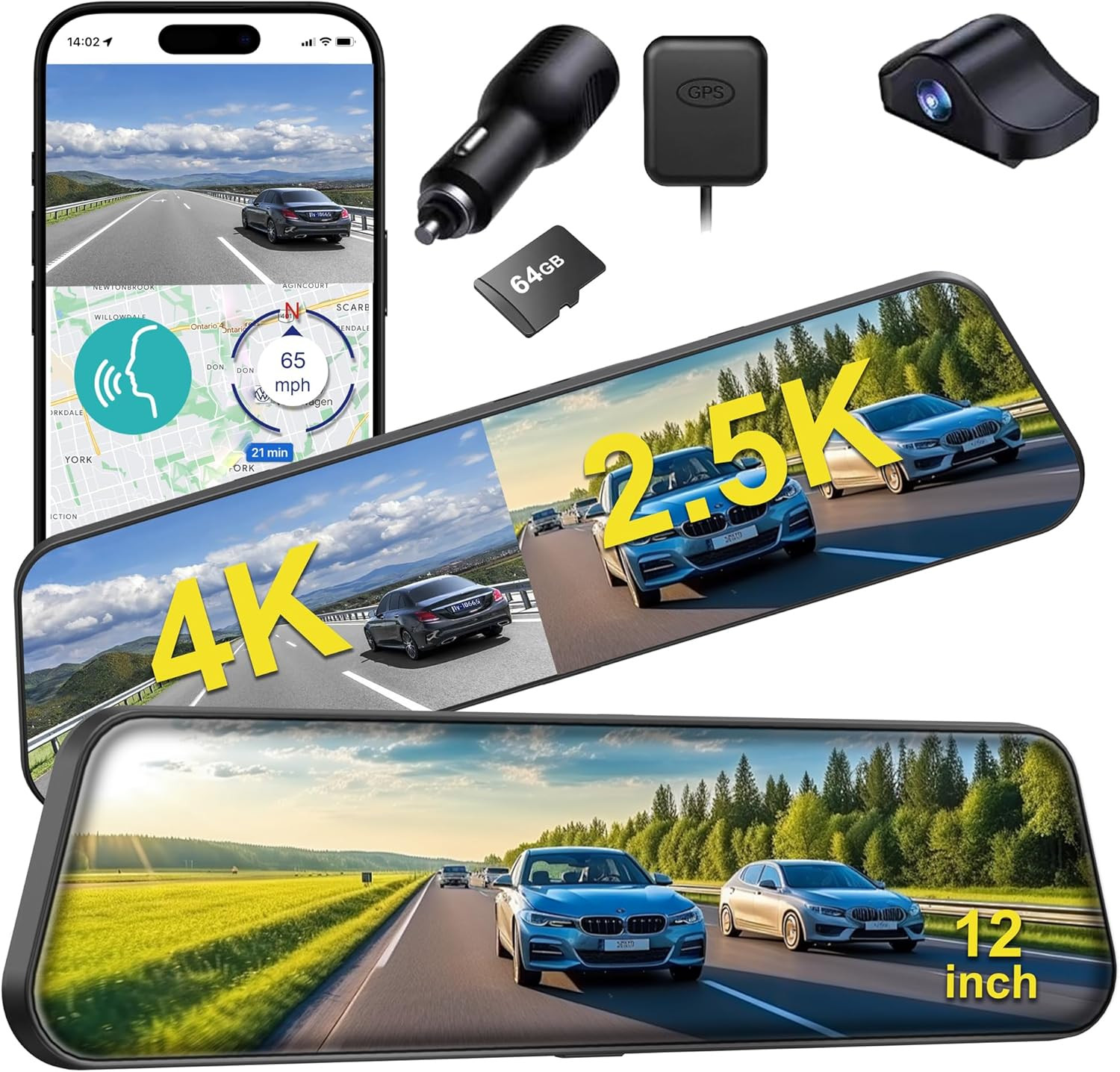 12” 4K Rear View Mirror Camera,4K+2.5K Front and Rear Mirror Dash Cam,Adas BSD
