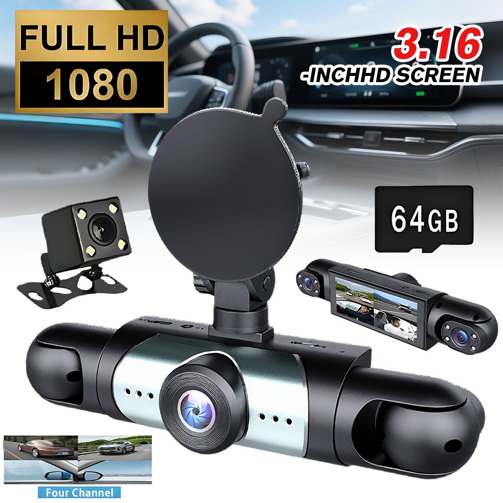 Car Dashcam 360° Camera 4 Channel Dash Cam Recording Night Vision 64GB Recorder