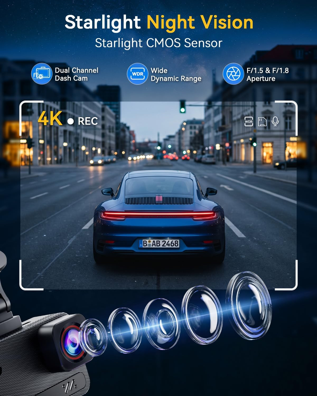 4K+4K Dash Cam, Free 128GB Card, 5.8Ghz Wifi6 – up to 20Mb/S | Aprox HD Night Vi