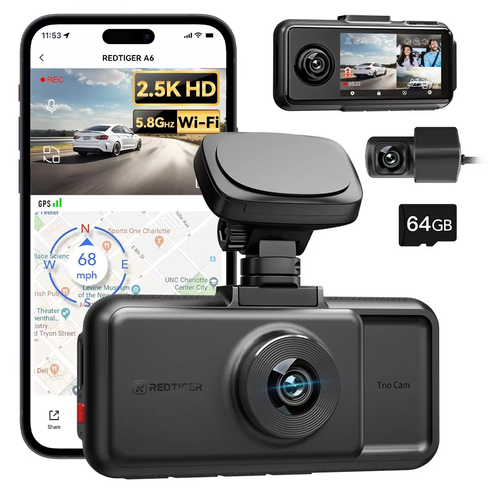 A6 3 Cameras Front/Cabin/Rear Cam 4K Dash Cam Built-In 5.8Ghz Wifi GPS Car DVR N