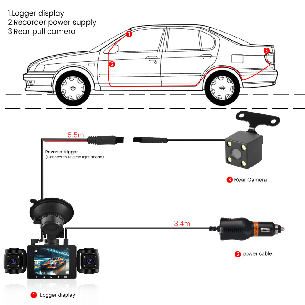 4 Channel Dash Cam 360° Dash Camera HD 1080P 4 Lens Driving Recorder w/64GB Card