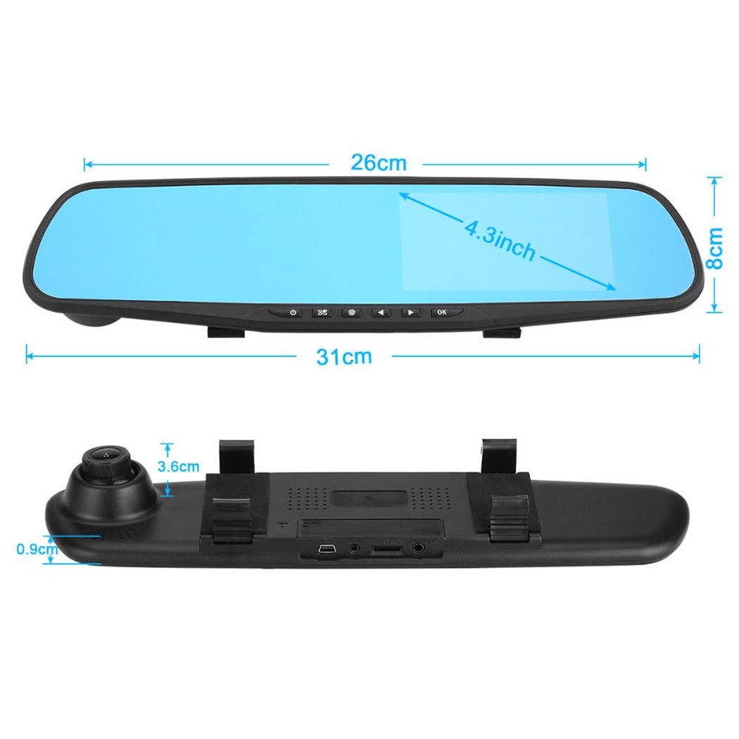 4.3 Inch Rear View Mirror Car DVR Dual Lens Dash Camera Night Vision Backup Cam