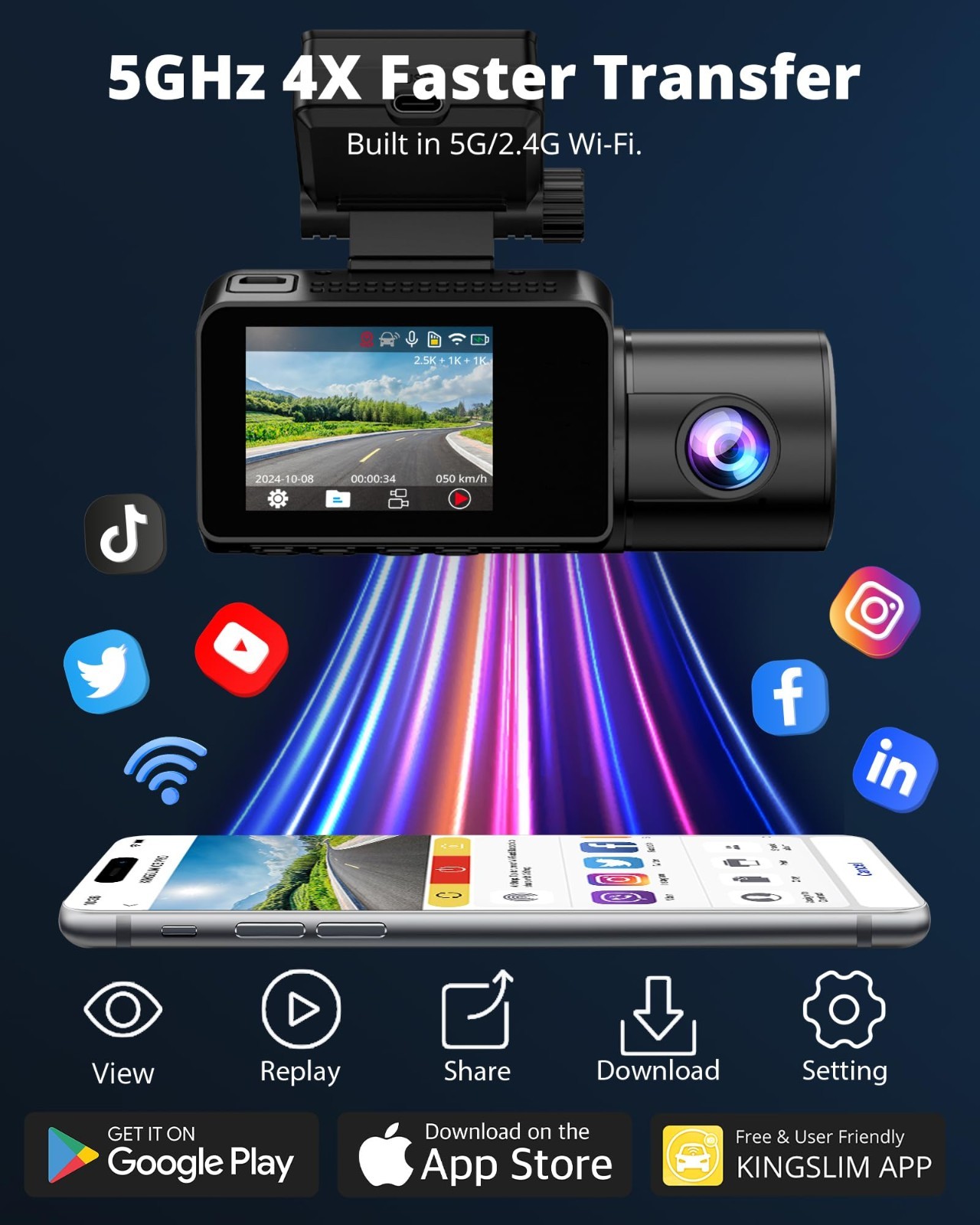 3-Channel 2.5K Dash Cam Front & Rear, 64GB Card, WiFi, Night Vision, G-Sensor