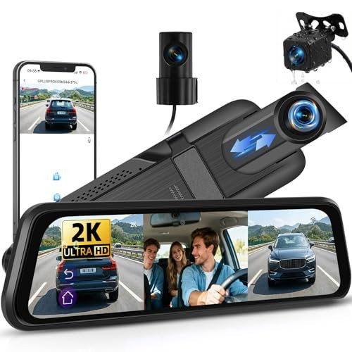 3-Channel Mirror Dash Cam 2K + 1080P Inside & Rear Cameras, 9.66″ Touch Screen,
