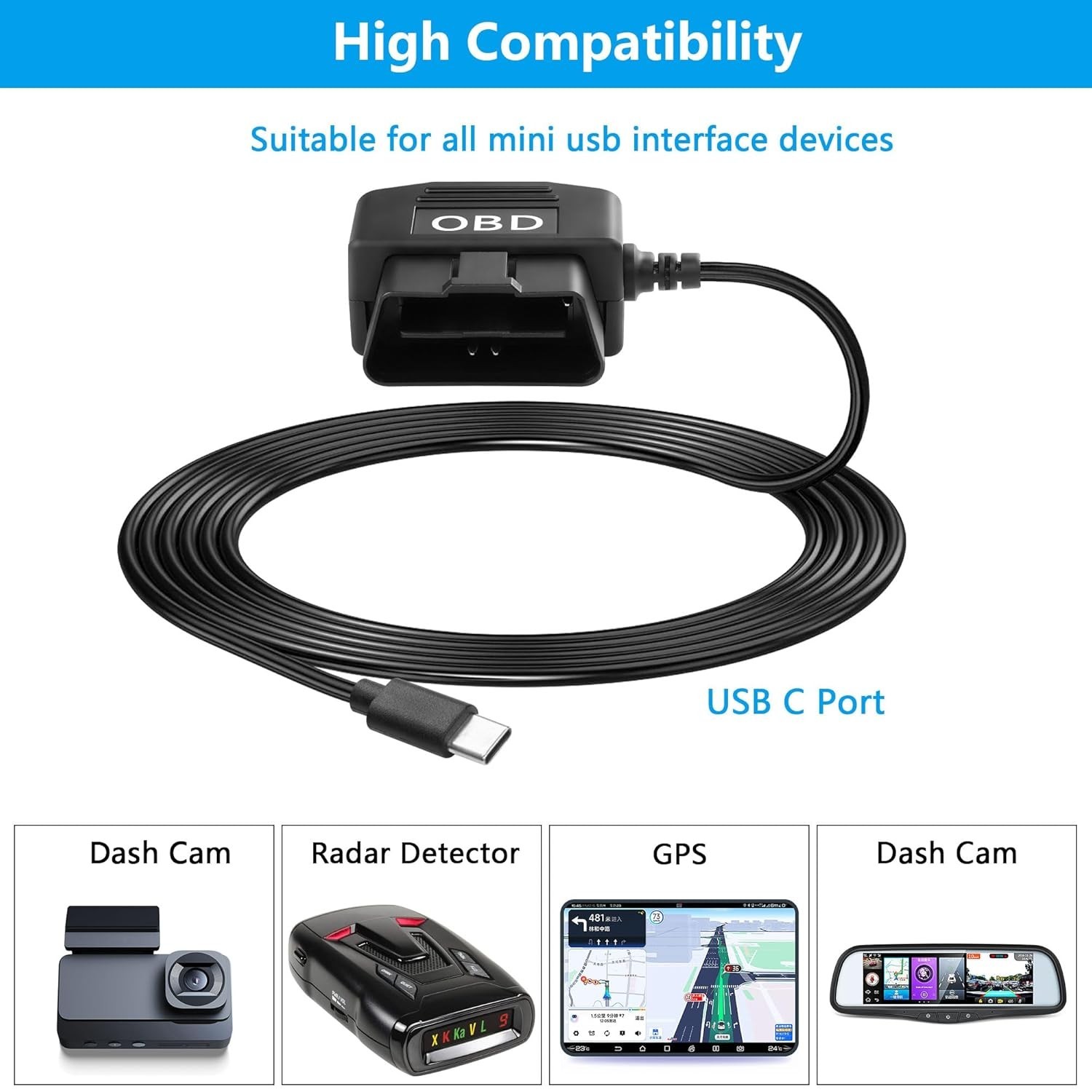 24-Hour OBD Power Cable for Dash Cameras – Type C Adapter with Easy Installation