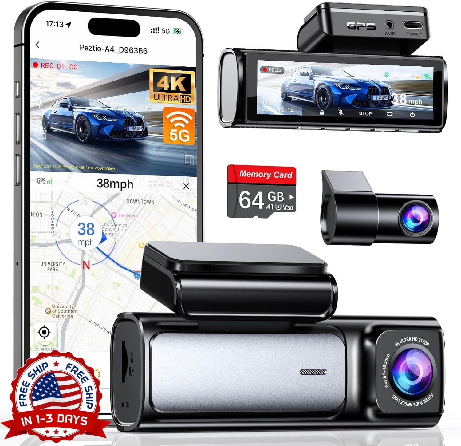 Cámara de salpicadero 4K delantera y trasera, GPS WiFi 5G integrado para coches