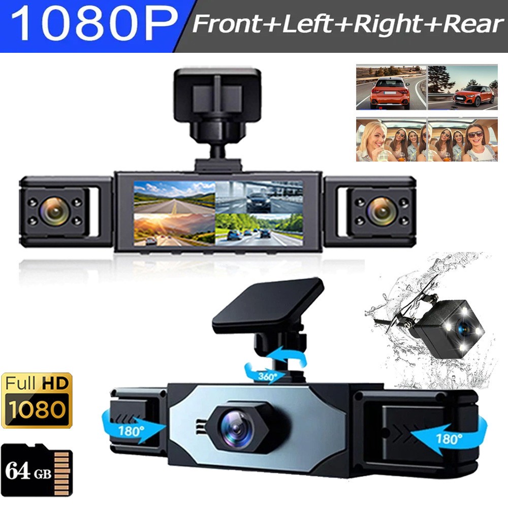 Dash Cam 4 Channel 360° Front Rear Inside DashCam FHD 1080P Car Camera 64GB