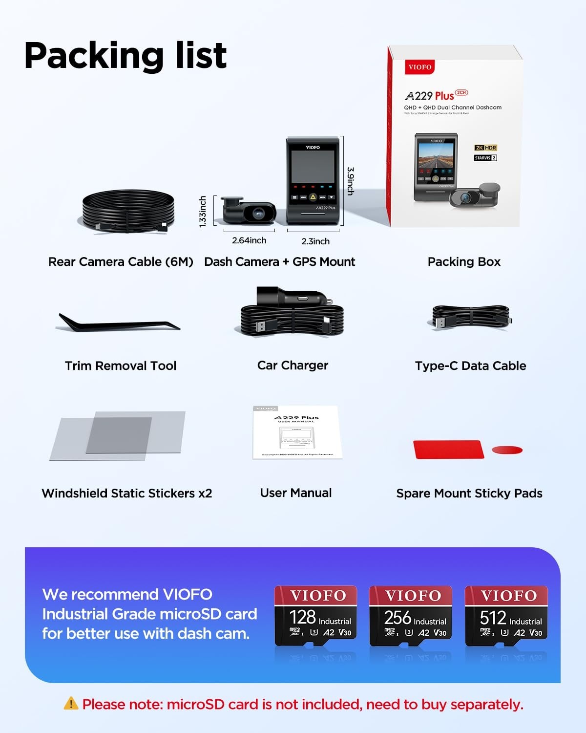2K Dual Dash Cam Front & Rear, 1440P HDR, Wi-Fi, GPS, Voice Control, 24H Parking