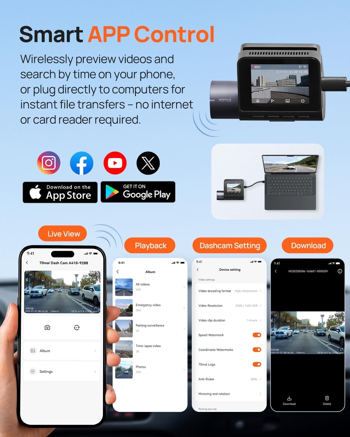 2.5K+1080P Dual Dash Cam Front/Rear A410 WiFi GPS Night Vision 64GB Included