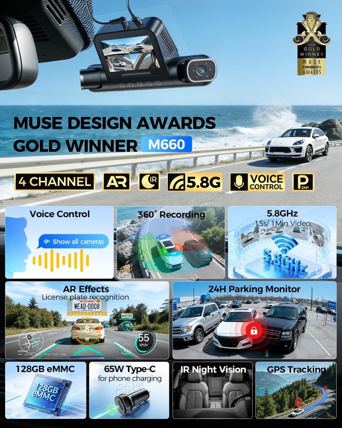 128GB eMMC 2K+1080P*3 Dash Cam 4 Adjustable Lenses
