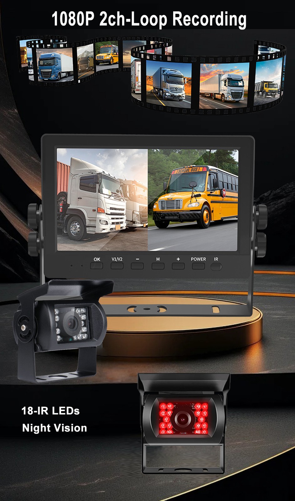 7” AHD Monitor DVR 2x 1080P Backup Camera BSD for RV Truck Trailer Bus Van