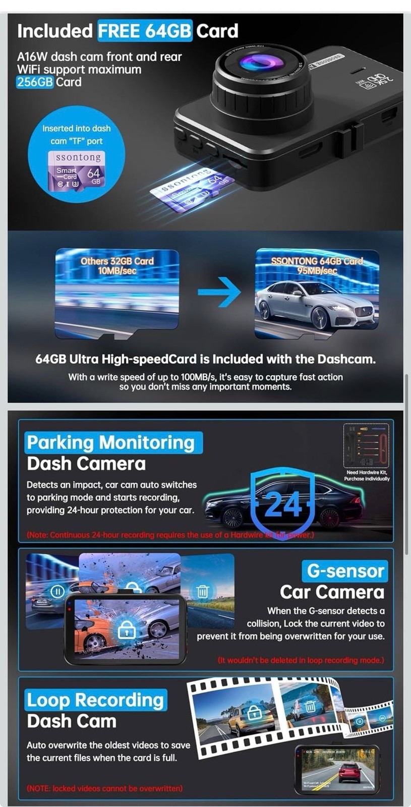ssontong A16W 2.5K QHD WiFi Dash Cam Front and Rear with 64GB Card