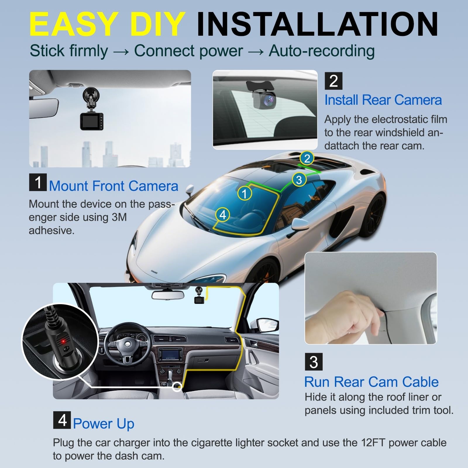 Dual Dash Cam Front & Rear, 170° Wide Angle, Night Vision, WiFi, 64GB Card, 24H