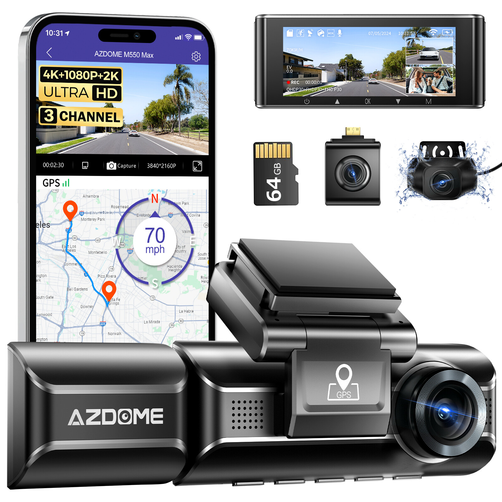 AZDOME M550 Max Triple Car Dashcam 4K+1080P+2.5K WiFi GPS 6 IR Night Vision 64GB