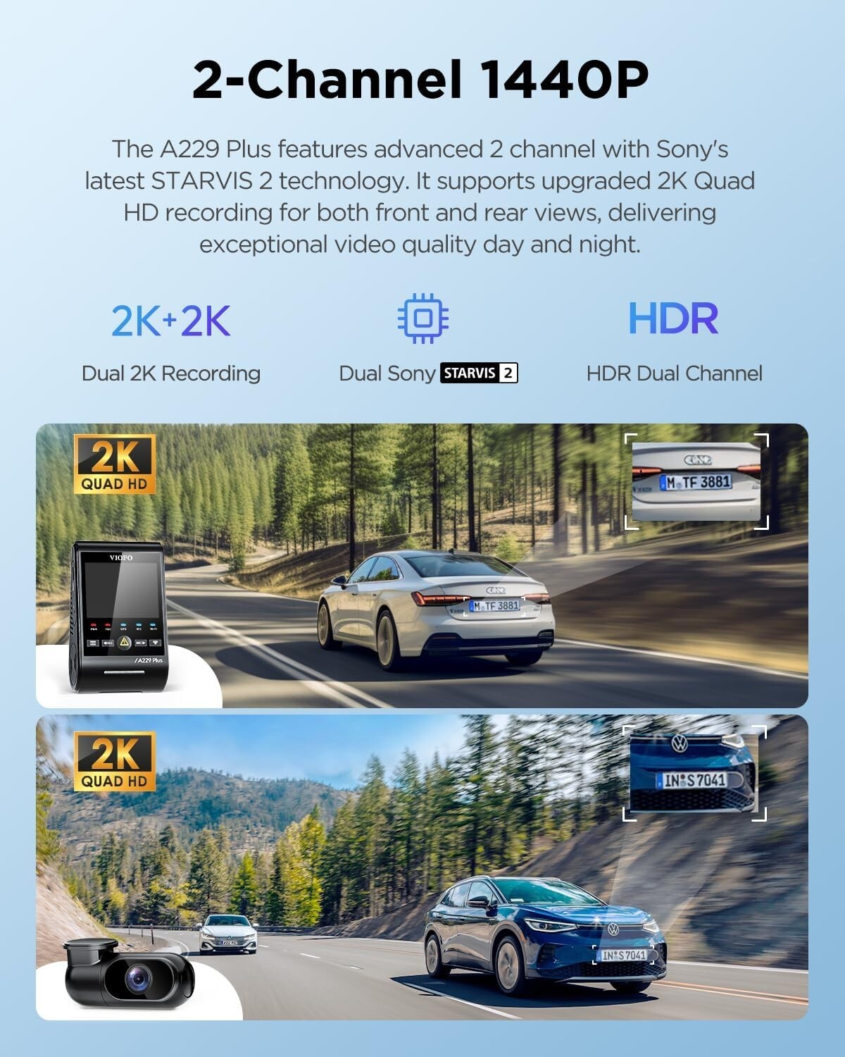 A229 Plus Dash Cam Front and Rear, Dual STARVIS 2 Sensors, 2 Channel HDR, 144…