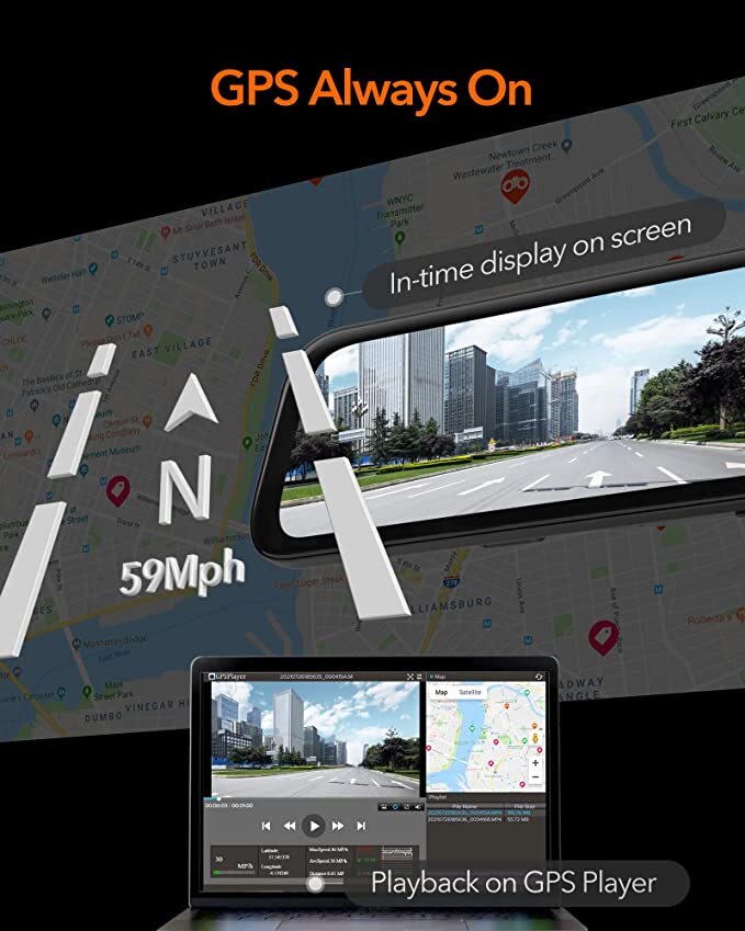 WOLFBOX G840S 4K 12″ Mirror Dash Cam Backup Camera With Super Night Vision