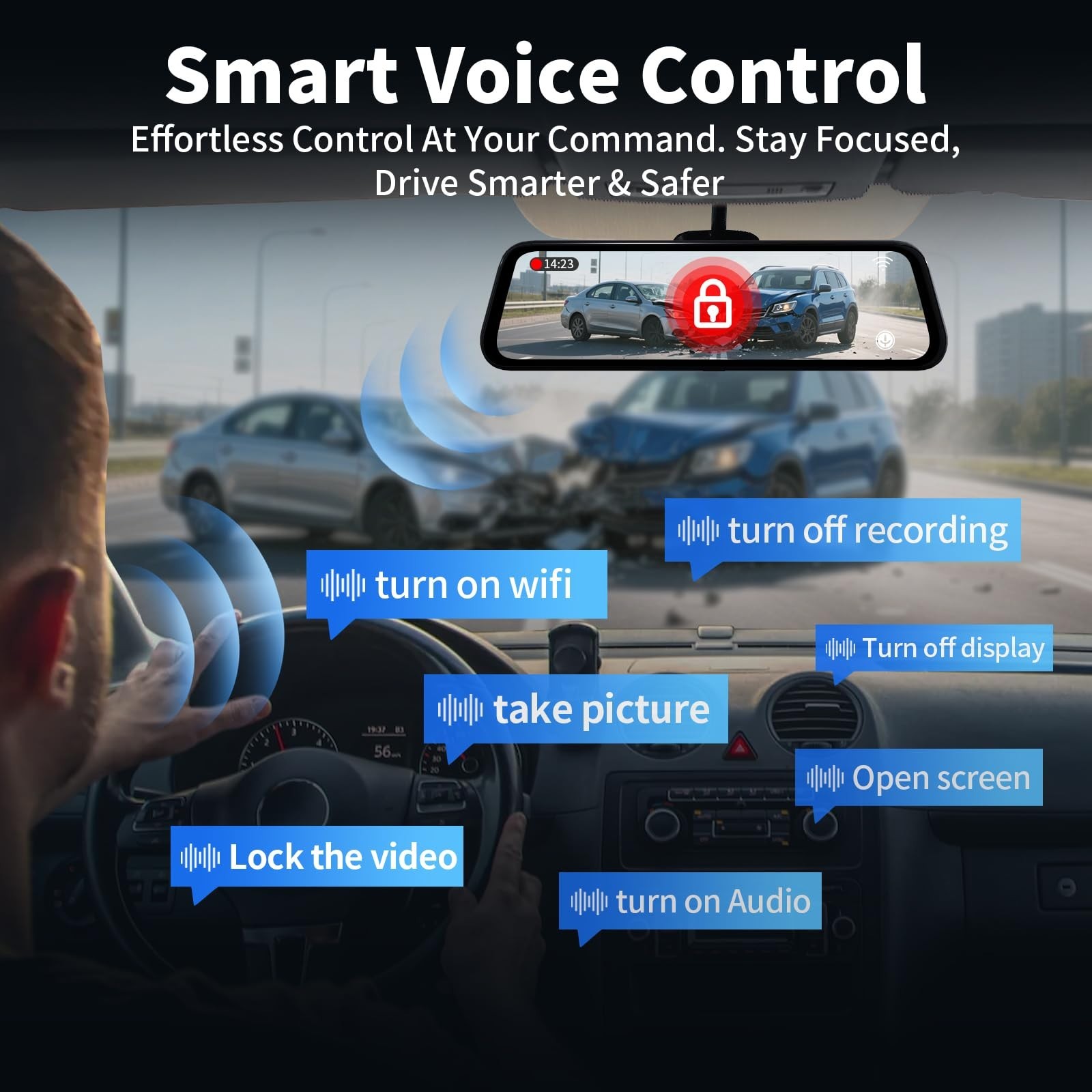 4K Dual Dash Cam with Voice Control, WiFi, GPS, Night Vision, 64GB Card Included