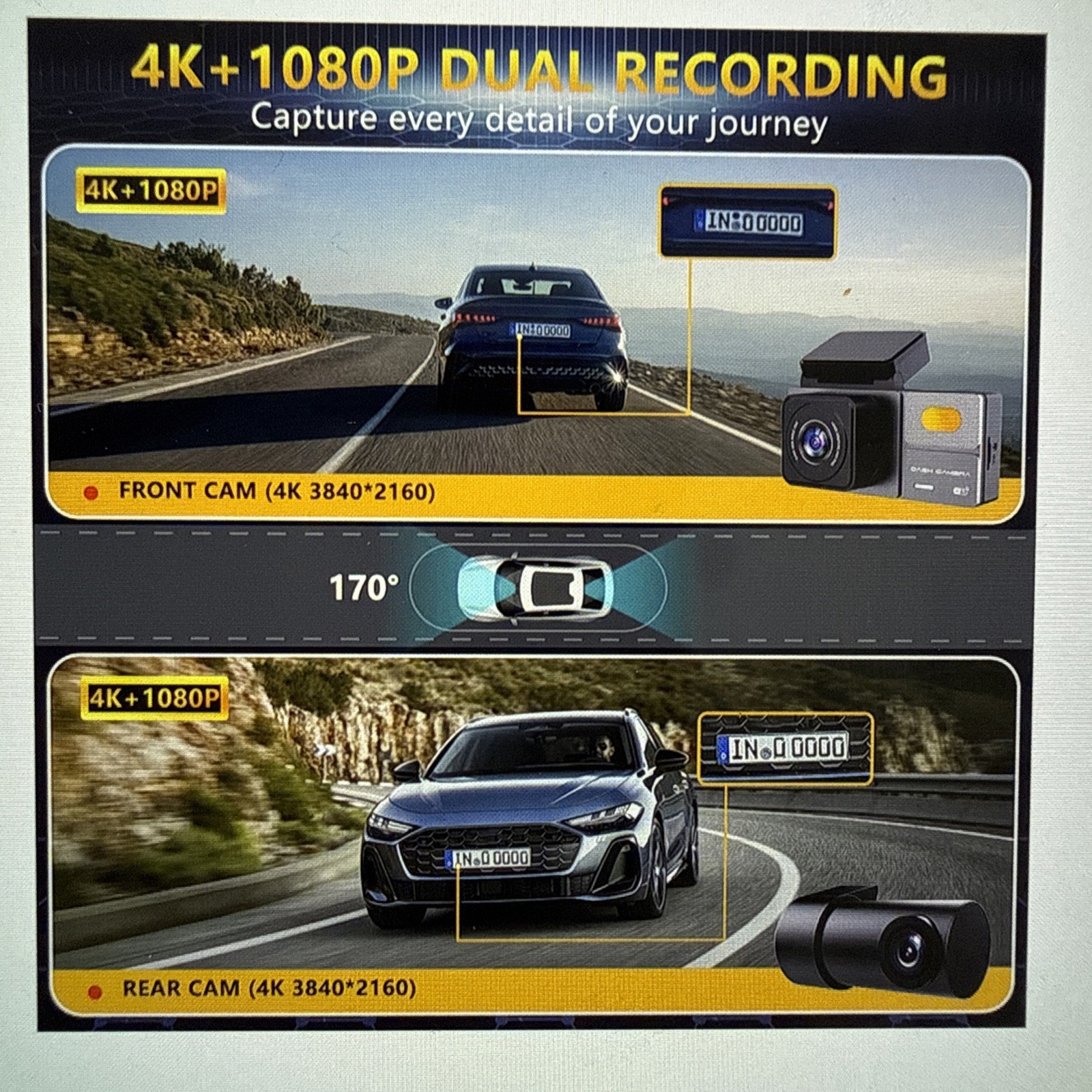 On-Dash Cameras – Front and Rear Dash Cam for Cars, 4K Dual DashCam, Wireless…