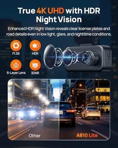 A810 Lite 4K Dash Cam Front and Rear, 5GHz Wi-Fi 6 DashCam, Car Camera 4G LTE Re