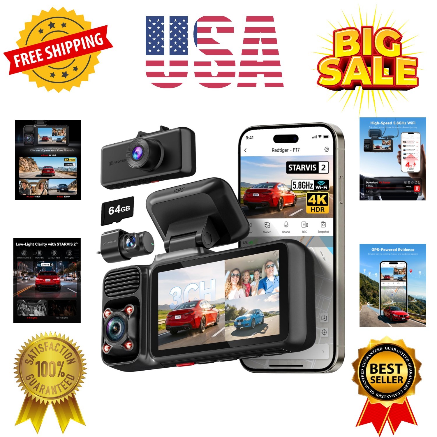 F17 4K 3 Channel Dash Cam, STARVIS 2 HDR, 2160P+1080P+1080P Front Inside and …
