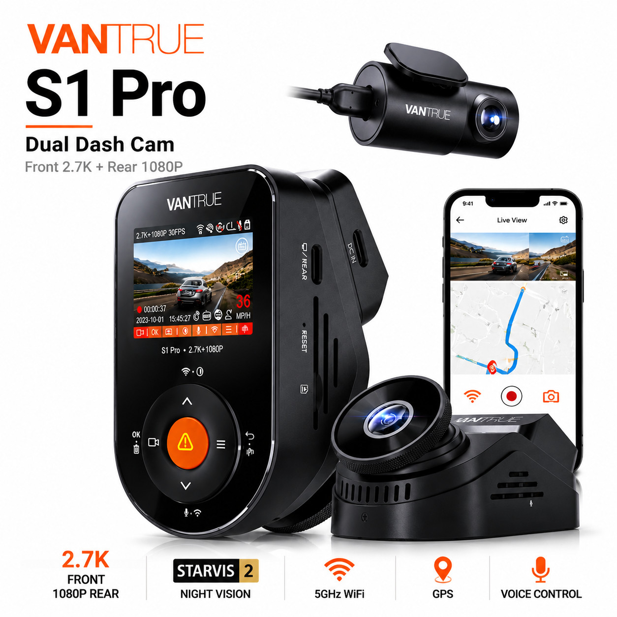 Vantrue S1 Pro 2.7K Dual Dash Cam Front Rear Camera STARVIS 2 WiFi GPS