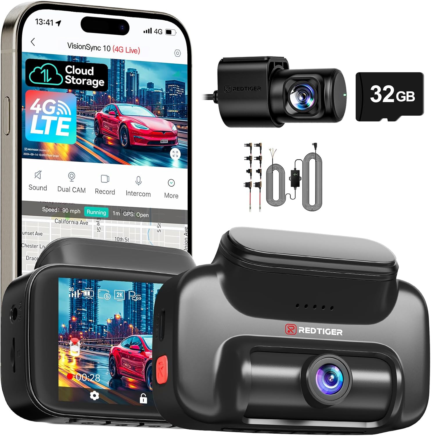 4G LTE Dash Cam Front and Rear,Remote Live Stream, 30-Day Cloud Storage, 2.5K +