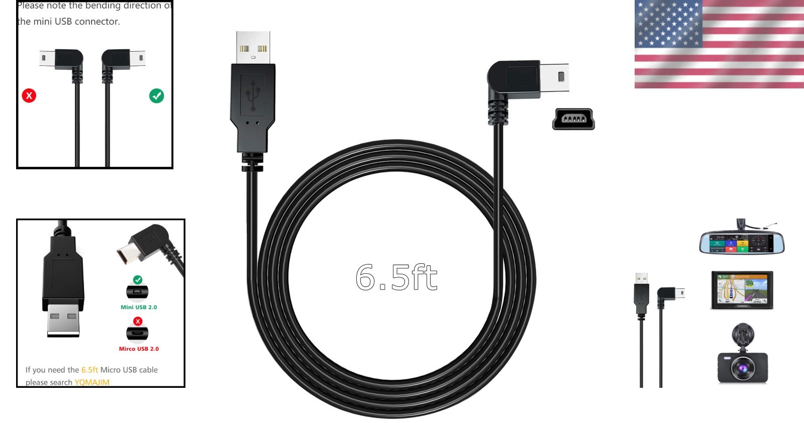 Versatile 6.5 Ft Mini USB Cable – Perfect for Dash Cams & GPS Devices