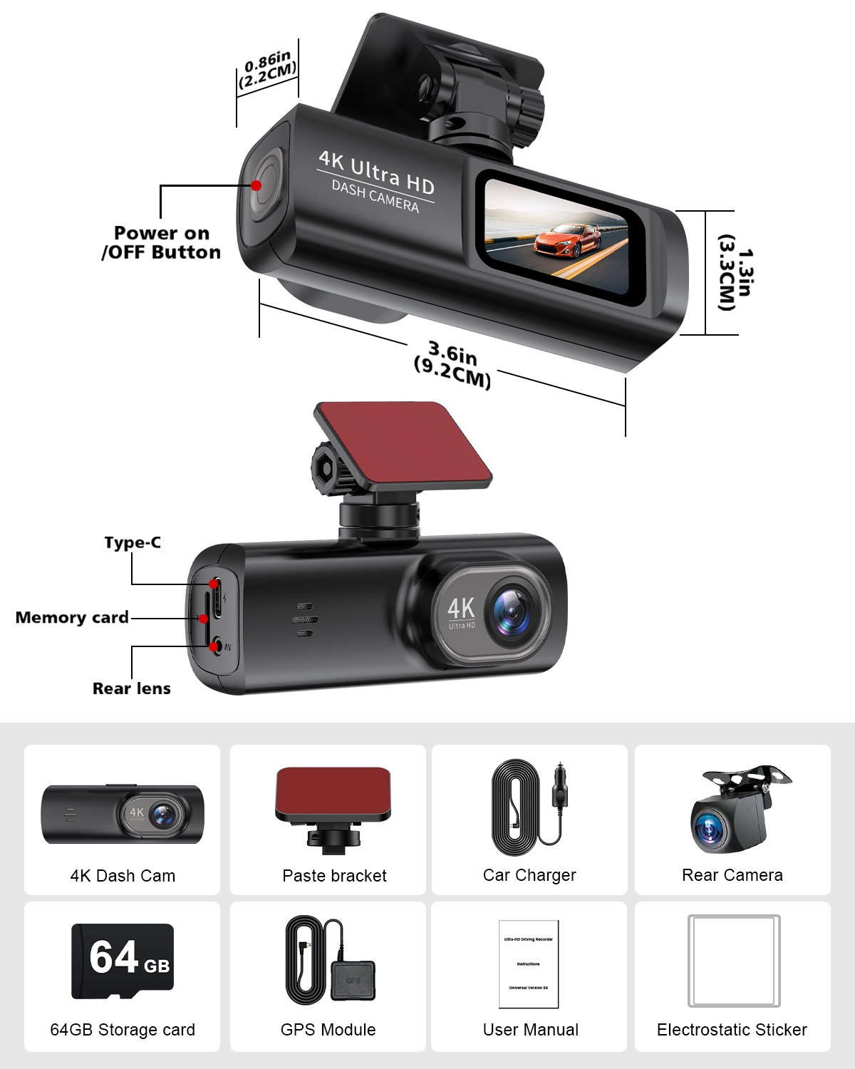 4K Dash Cam, Front+Rear, WiFi GPS Dash Cam, 170° Wide-Angle, APP Control, 64GB
