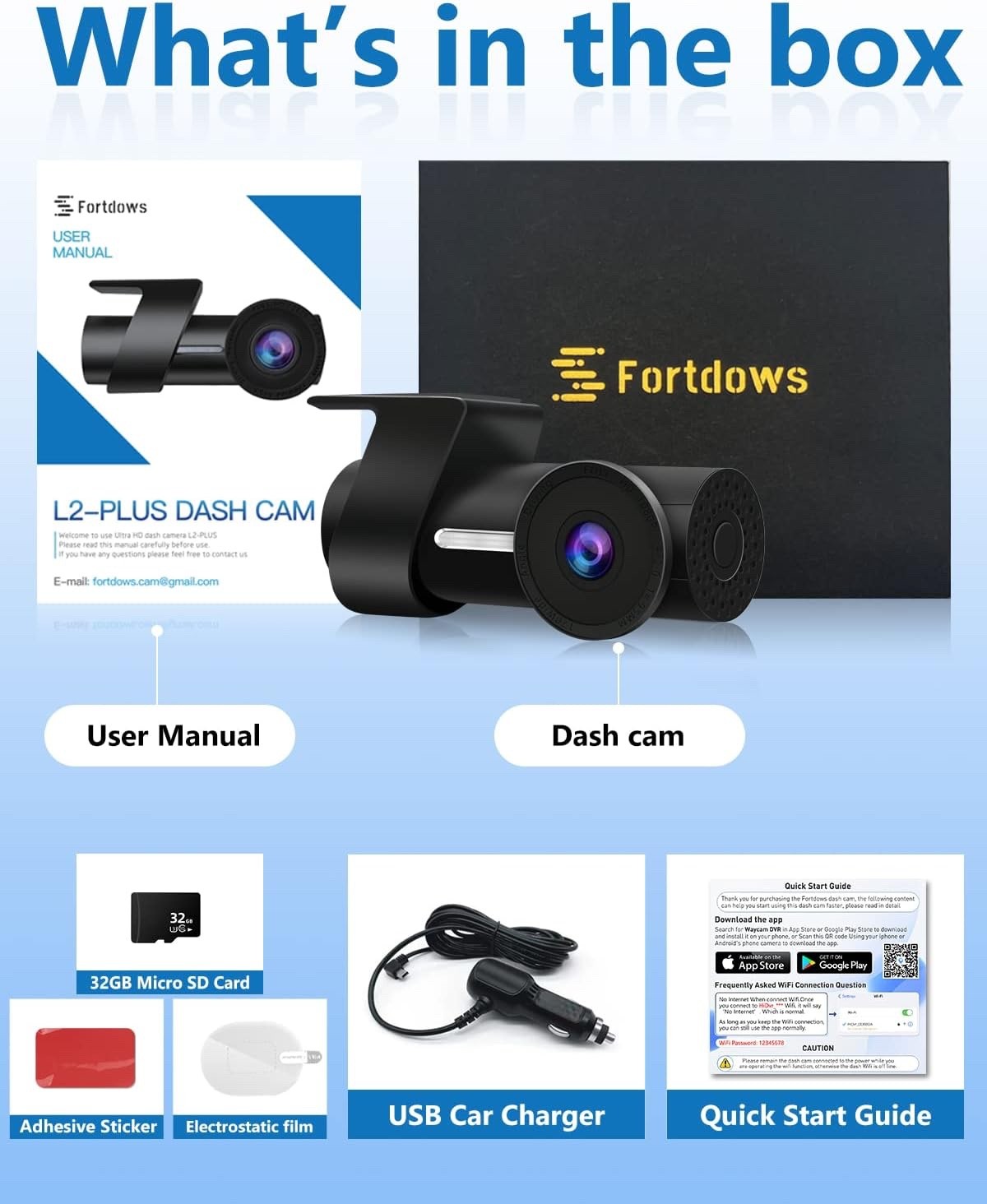 Dash Cam Front 2K 1440P WiFi, Fortdows, with 32GB SD Sealed NIB