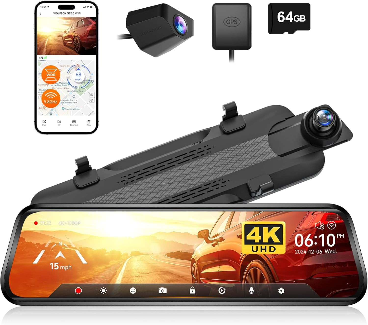G930 10” Rear View Mirror Camera with 5.8Ghz Wifi, 4K Dash Cam Front, Rear 64GB