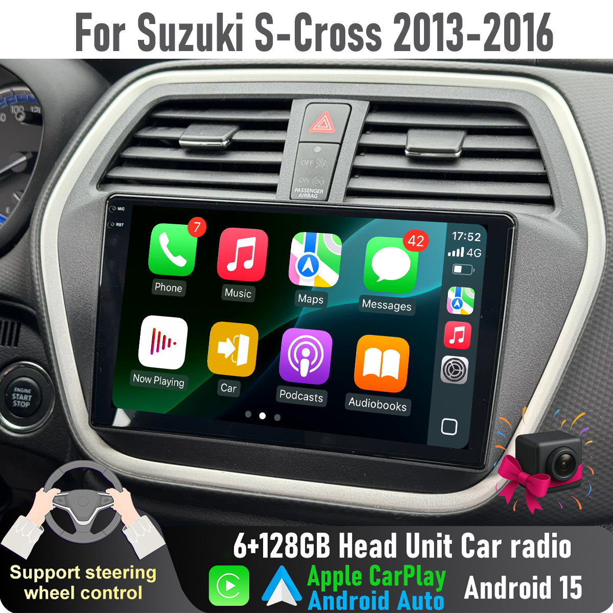 9” Wireless CarPlay Auto 6+128GB Head Unit radio For Suzuki S-Cross 2013-2016