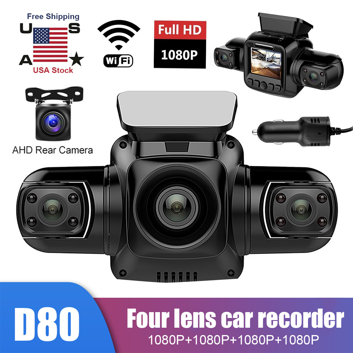 360° WiFi Dash Cam Recorder 4 Channel 2K Car Camera DVR Vehicle Video G-Sensor S