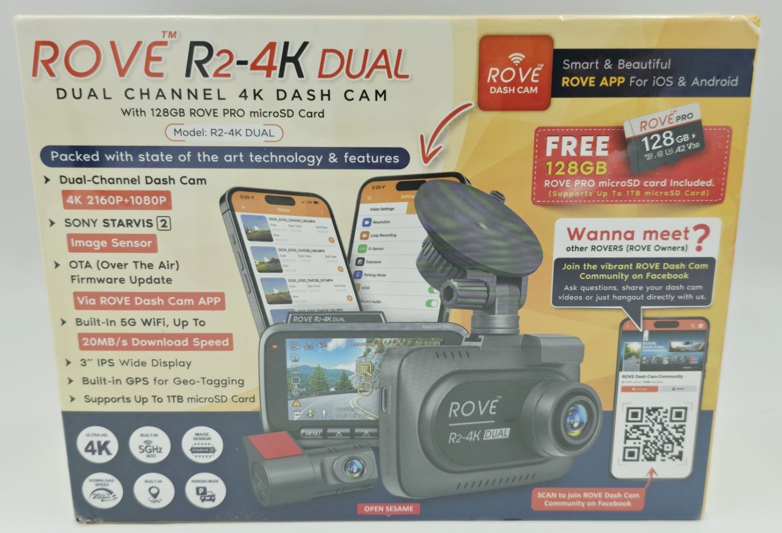 ROVE R2-4K DUAL Dash Cam Front & Rear | STARVIS 2, 128GB Card, 20MBps WiFi Speed