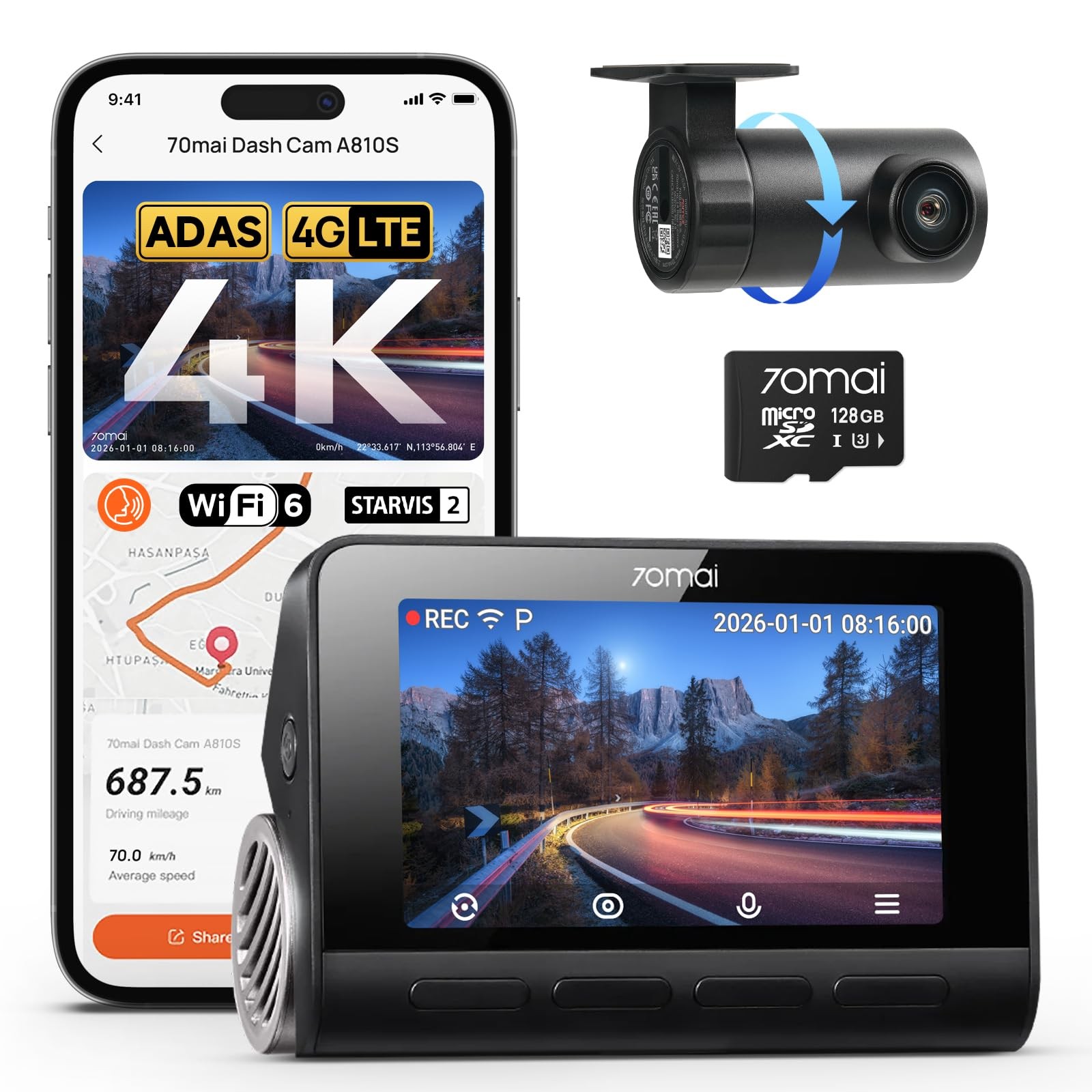 70mai A810S 4K Dual Dash Cam Front & Rear, STARVIS 2 HDR Super Night Vision,
