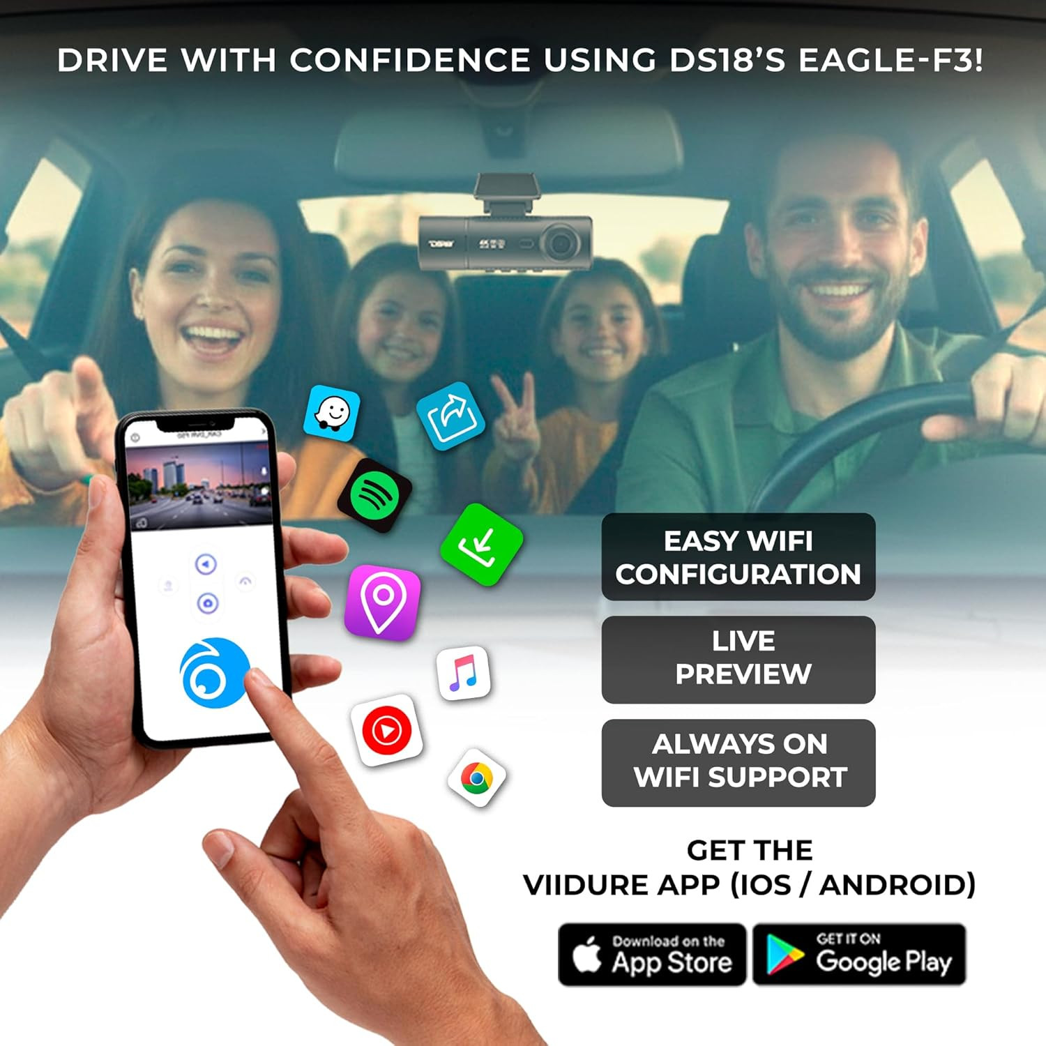 Eagle-F3 4K Dash Cam Triple Front Cabin and Rear, Wifi GPS Dash Cam with Night V