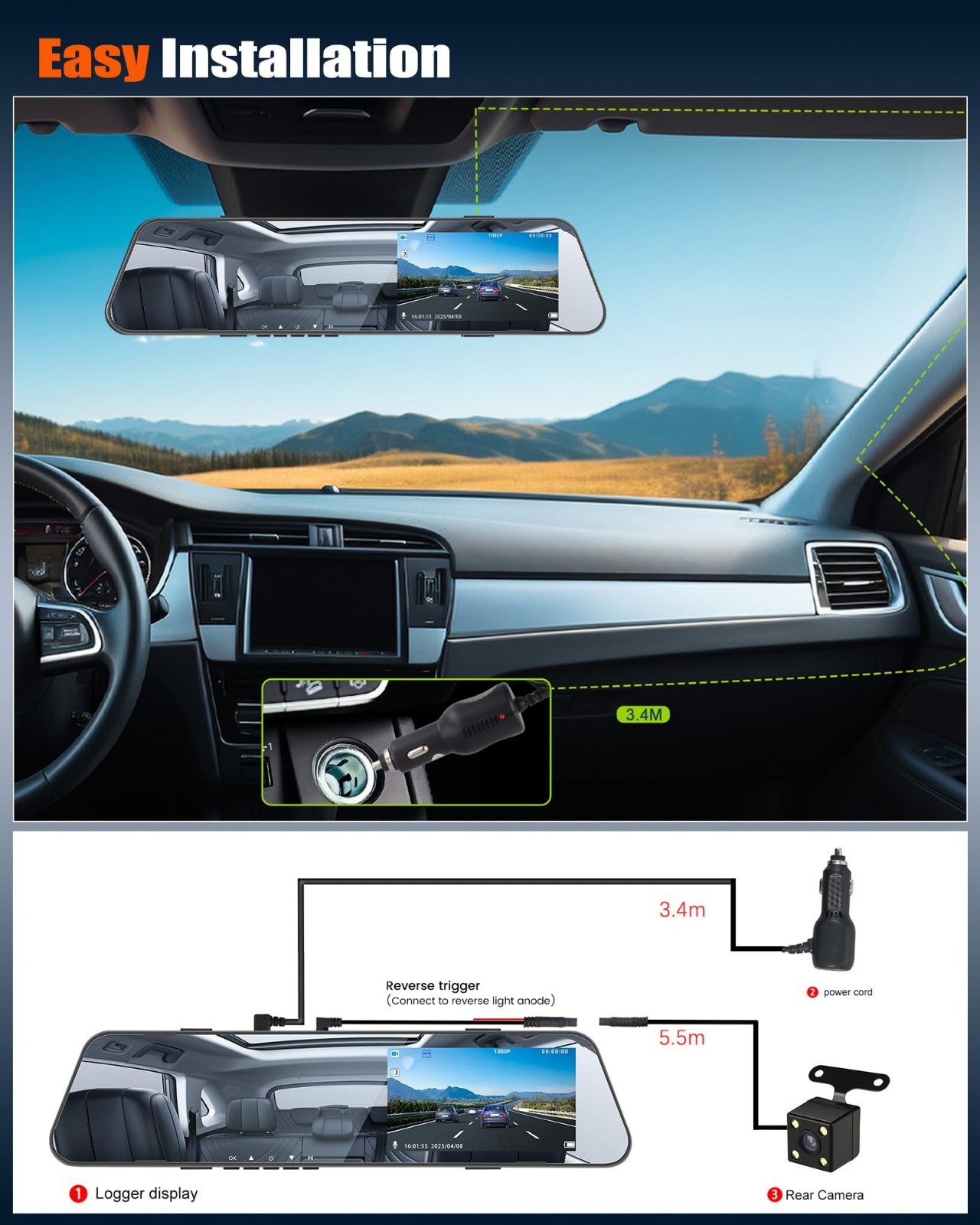 1080P Dual Lens Mirror Dash Cam, 4.5″ Rear View, Night Vision, Parking Assist