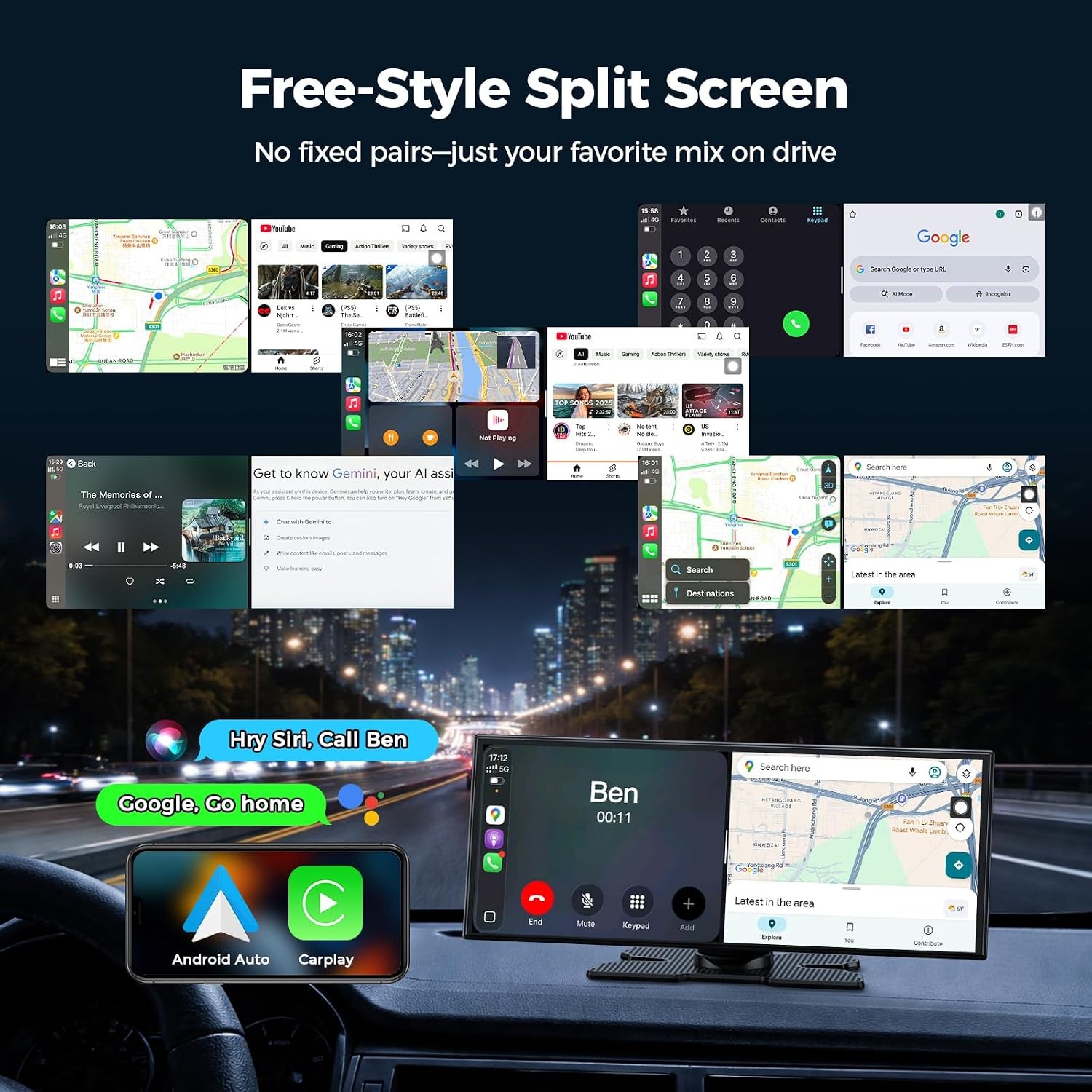 Lamtto 11″ AI CarPlay Screen Wireless Apple CarPlay Android Auto GPS Backup Cam