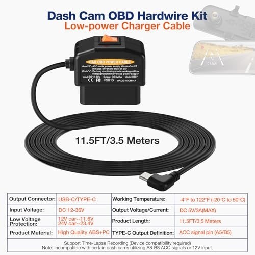 OBD Power Cable for Dash Cam, OBD2 to USB C Hardwire Kit, Low Voltage Protection
