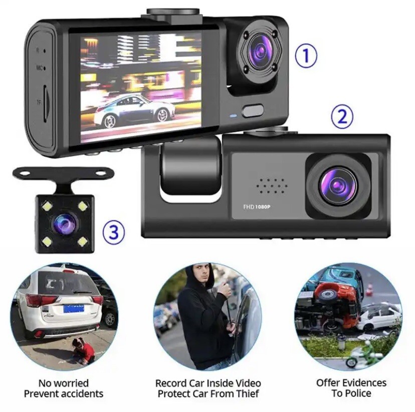 Dash Cam W/ IR Night Vision Loop Recording & 2″ IPS Screen 1080P 3 Camera