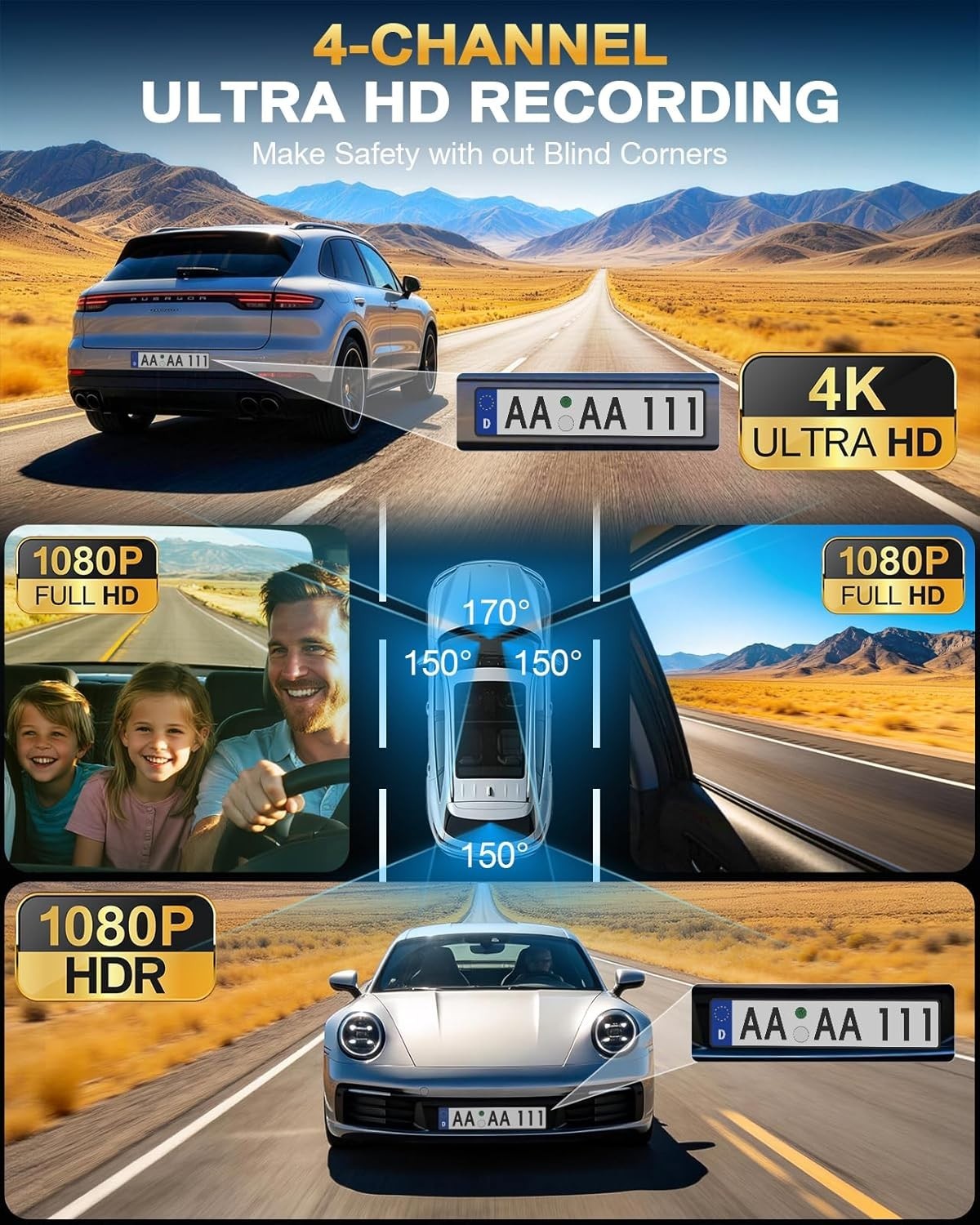 4K 360° Dash Cam with 4-Channel Recording & 128GB Card – Ultimate Vehicle Safety